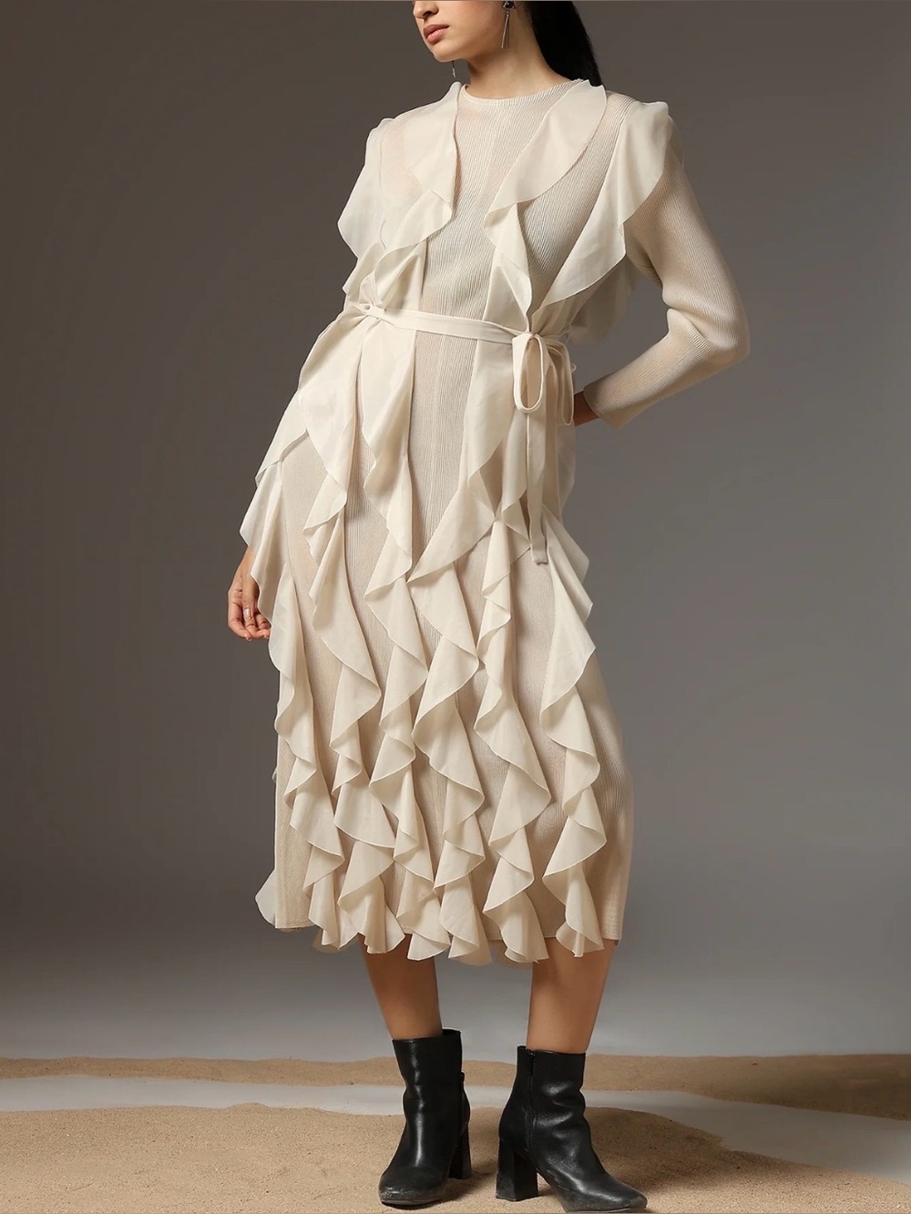 Kelly Obi New York Cream-Colored Pleated Maxi Dress With Cascading Ruffles